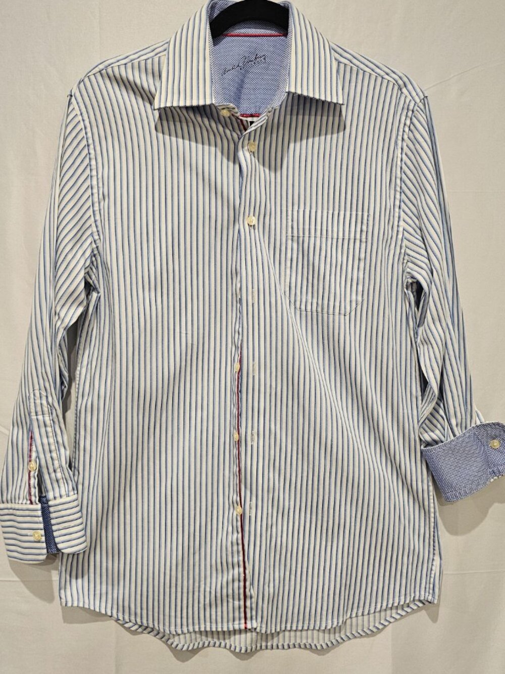 Arnold Zimberg Men's Dress Shirt 15.5 Striped Red Accent Pocket Button LS